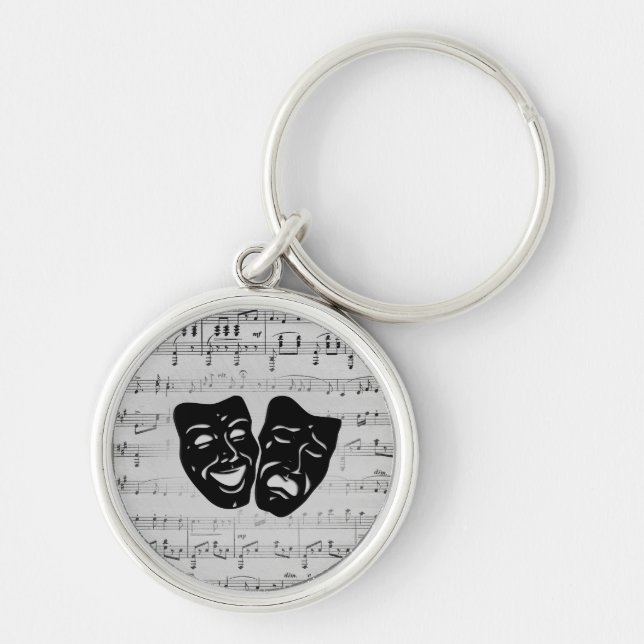 Musik- och teatermasker i silver rund silverfärgad nyckelring (Framsidan)