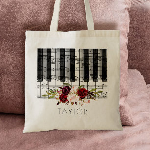 Musik piano burgundy blommigt namn tygkasse
