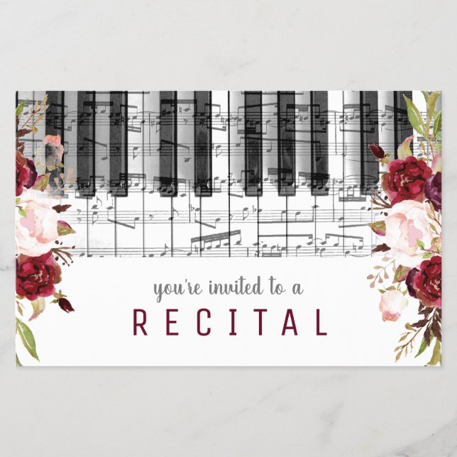 Musik piano marsala vattenfärblommor design flygblad (Framsidan)