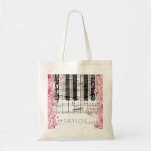 Musik piano rosa blommor namn tobag tygkasse