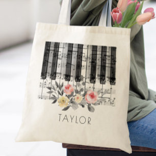 musik piano rosor på grå lövverk tygkasse