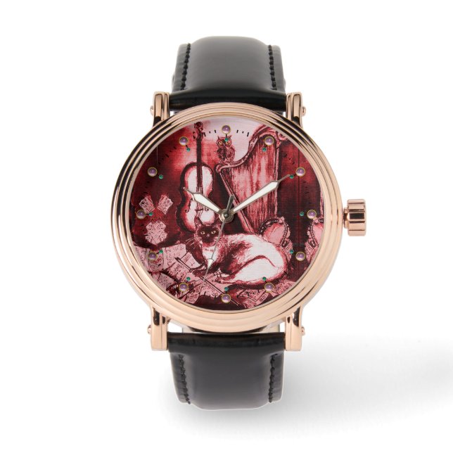 MUSIK SKAPAR CAT MED UGGLA, Röd vit Armbandsur (Framsida)