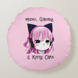 Musik, spel och Kattunge | Anime Girl Rund Kudde