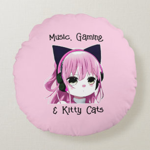 Musik, spel och Kattunge Anime Girl Rund Kudde