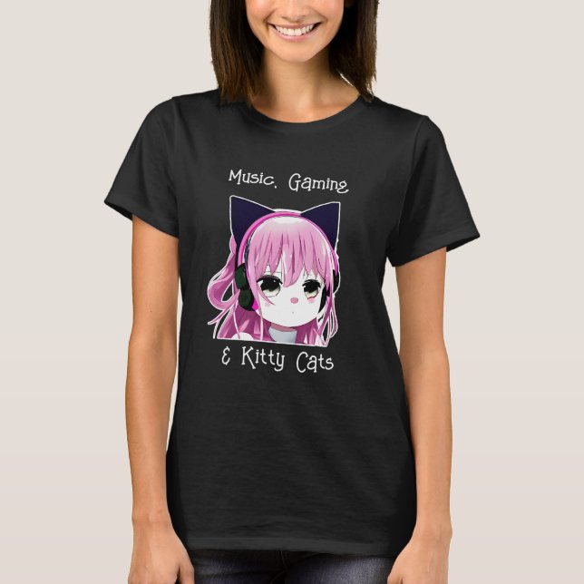 Musik, spel och Kattunge | Anime Girl T Shirt (Framsida)