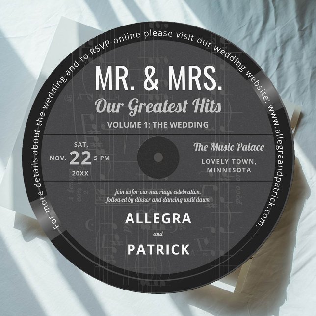 Musik Underbarare Hits Retro Vintage Black Bröllop Inbjudningar (music wedding invitation vinyl record vintage retro mr mrs greatest hits fall black white)