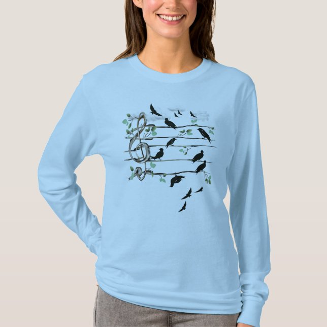 Musikalen noterar fåglar - svart t shirt (Framsida)
