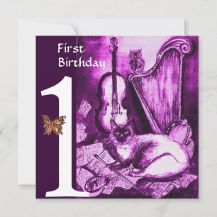 MUSIKALISK KATT Lila Violett Första Födelsedagsfes Inbjudningar