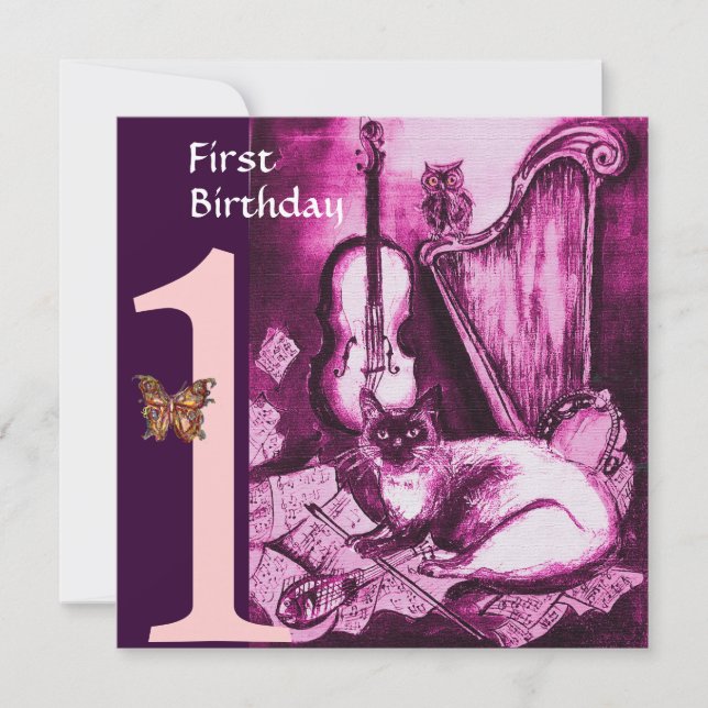 MUSIKALISK KATT Rosa Fuchsia Första Födelsedagsfes Inbjudningar (Framsida)