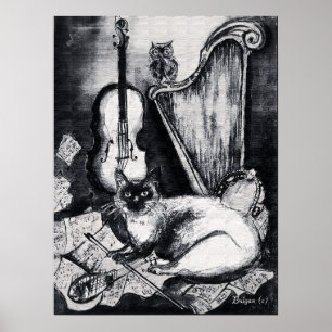 MUSIKALISK KATT, UGGLA, VIOLIN, HARPA Svart Vit Gr Poster