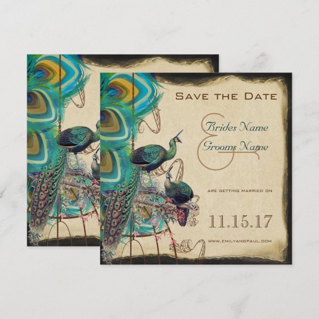 Musikalisk Påfågel Fågelbur Älsklingsfåglar Spara  Inbjudningar (Fram/baksida)