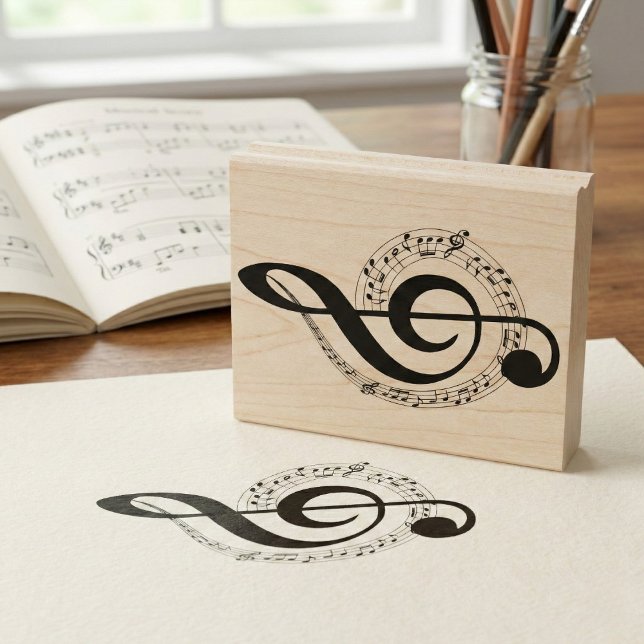 Musikalisk Virvel & Diskantnyckel Trästämpel Stämpel (Add a beat to your stationery.)