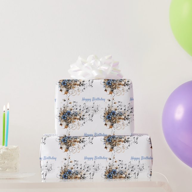 Musikaliska Noter Skala Blå Akvarell Blommor  Presentpapper (Festgåvor)