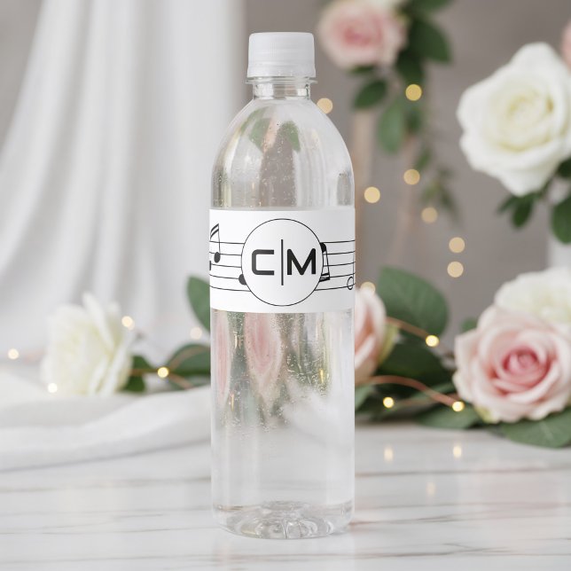 Musikaliska Noter Svart & Vitt Monogram Bröllop  Vattenflaska Etikett (Front view black white musical notes with classic melody themed ceremony wedding water bottle label)