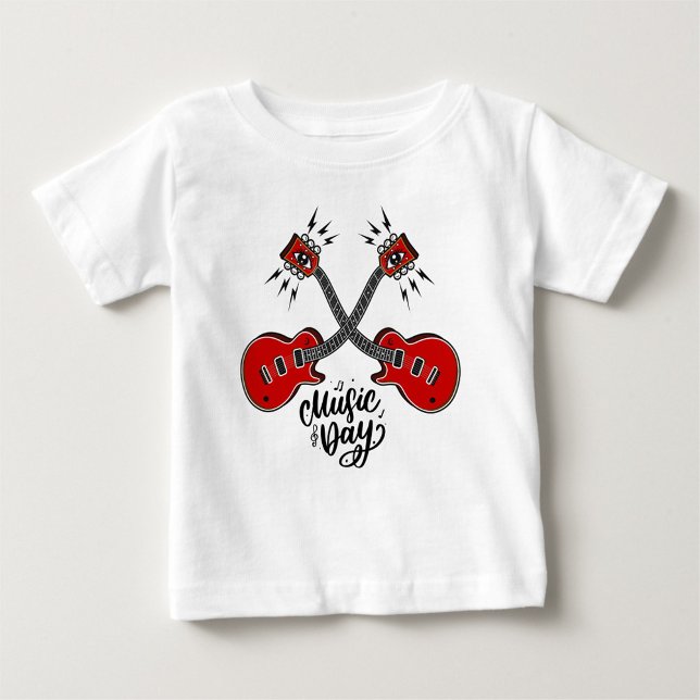 Musikdag T Shirt ( A playful white t-shirt featuring two red guitars.)