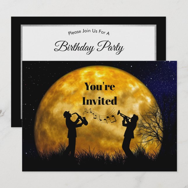Musiker full Moon Watercolor Birthday Inbjudningar (Fram/baksida)