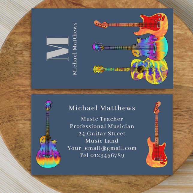 Musiker Gitarr Musiklärare Monogram Personlig Visitkort (Modern guitar music teacher professional musician blue Business card Colorful guitar art)