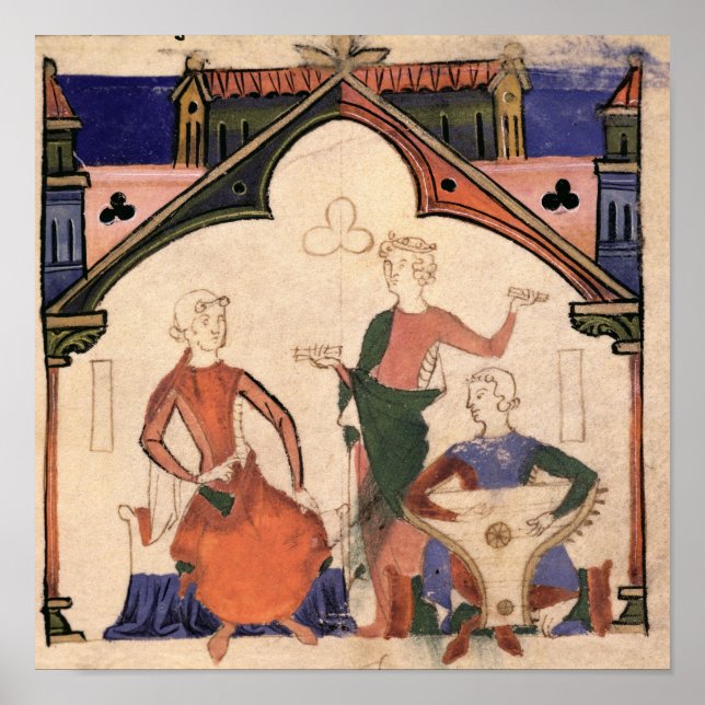 Musiker som spelar kastanät och en psaltery poster (Framsidan)