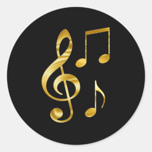 Musikikoner, guld på svart runt klistermärke