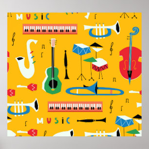 Musikinstrument: Gulten för Mid Century Poster