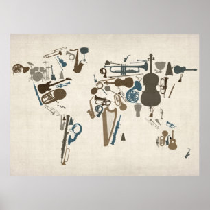 Musikinstrument Karta i världen Poster