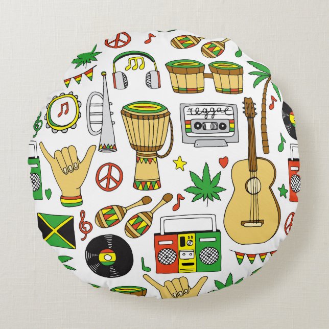 Musikinstrument: Reggae Seamless Background Rund Kudde (Framsidan)