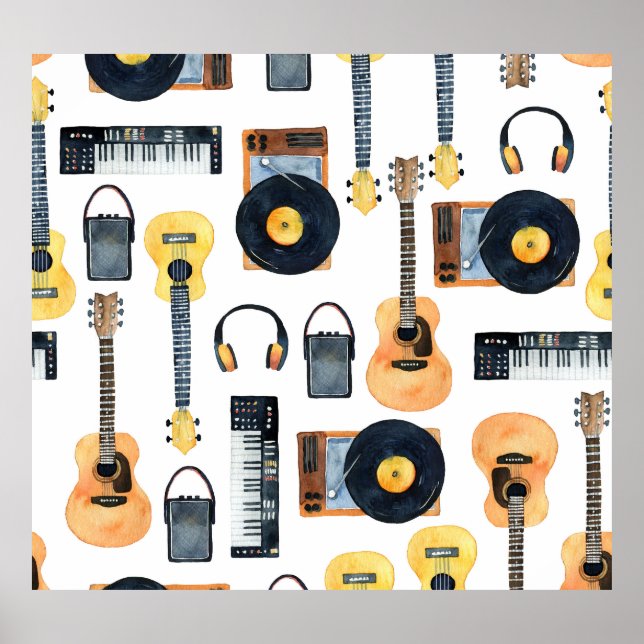 Musikinstrument: Sömlösa vattenfärger Poster (Framsidan)