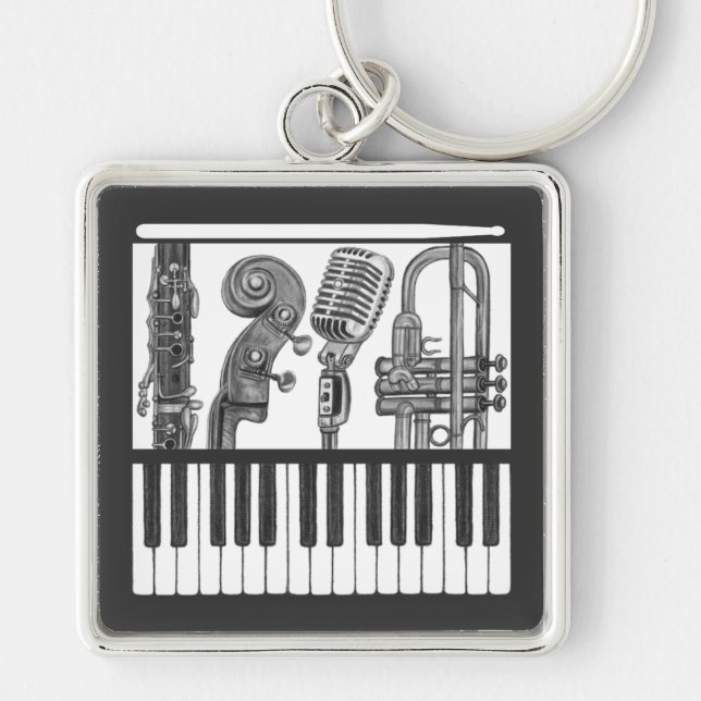 Musikinstrument, svart och vit nyckelkedja fyrkantig silverfärgad nyckelring (Framsidan)