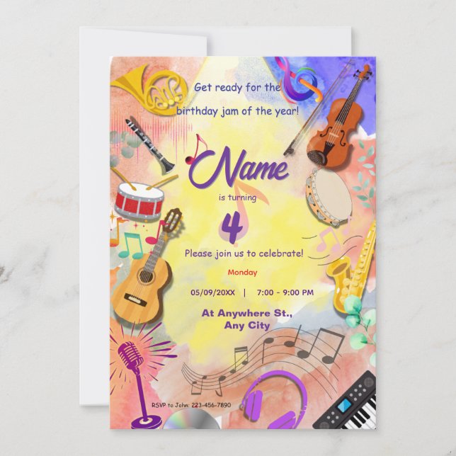 Musikinstrument, teman Ungdomar B'day Inbjudningar (Framsida)