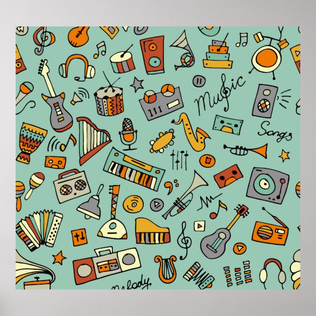 Musikinstrument, vintage skiss mönster. poster (Framsidan)