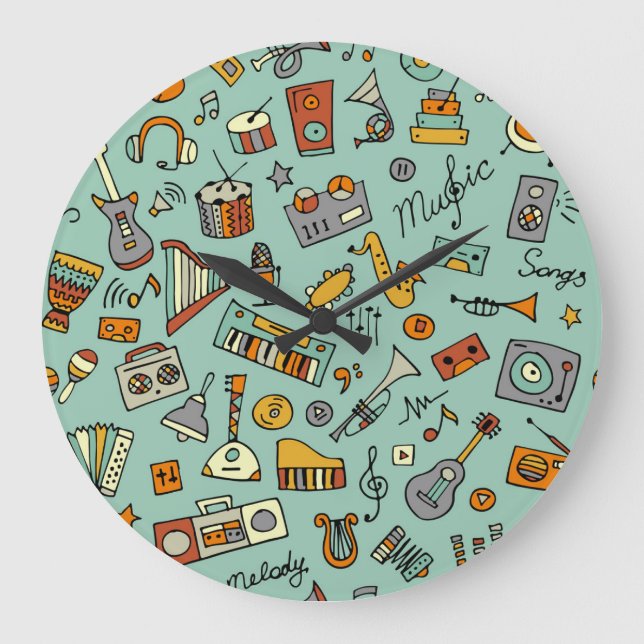 Musikinstrument, vintage skiss mönster. stor klocka (Framsida)