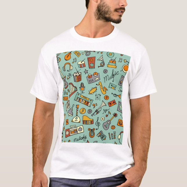 Musikinstrument, vintage skiss mönster. t shirt (Framsida)