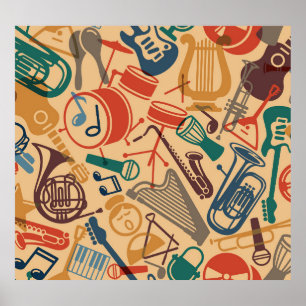 Musikinstrument, Vintage, sömlös bakgrund Poster
