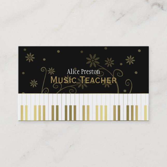 Musiklärare | Golden Black Blommigt Piano Visitkort (Framsida)