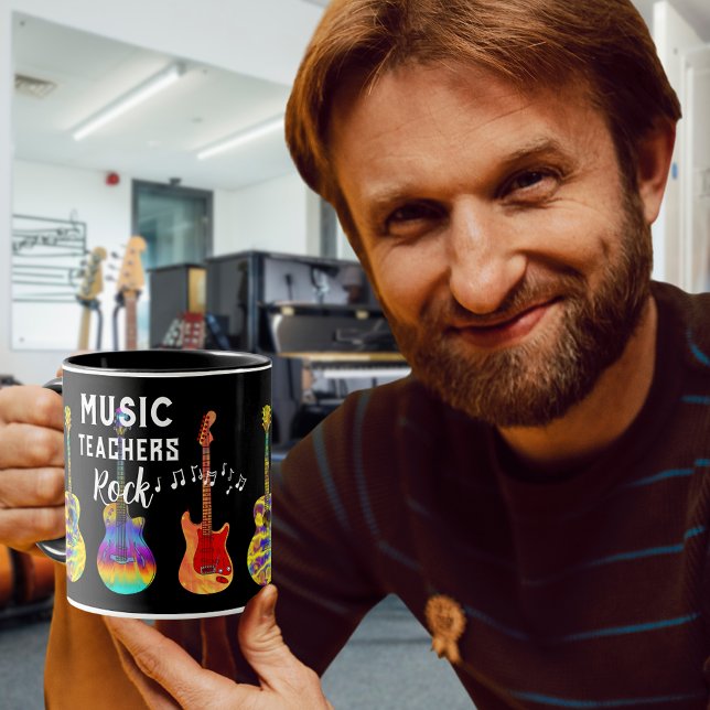 Musiklärarna rockar Tack så mycket Mugg (Music teacher rock teacher thank you gift black coffee mug with colorful guitars and musical notes)