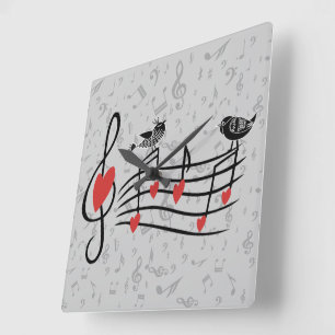Musiklove birds på grå musik noter fyrkantig klocka