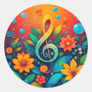 🎵 Musiknot Konst Färgglad Blommig Stänk Design Runt Klistermärke