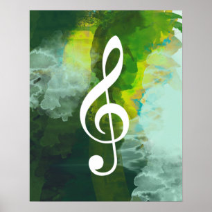 musiknot, treble clef, grönt vattencolor poster