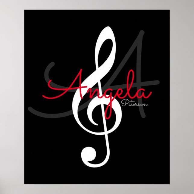 musiknot (treble clef) med namn och initial poster (Framsidan)
