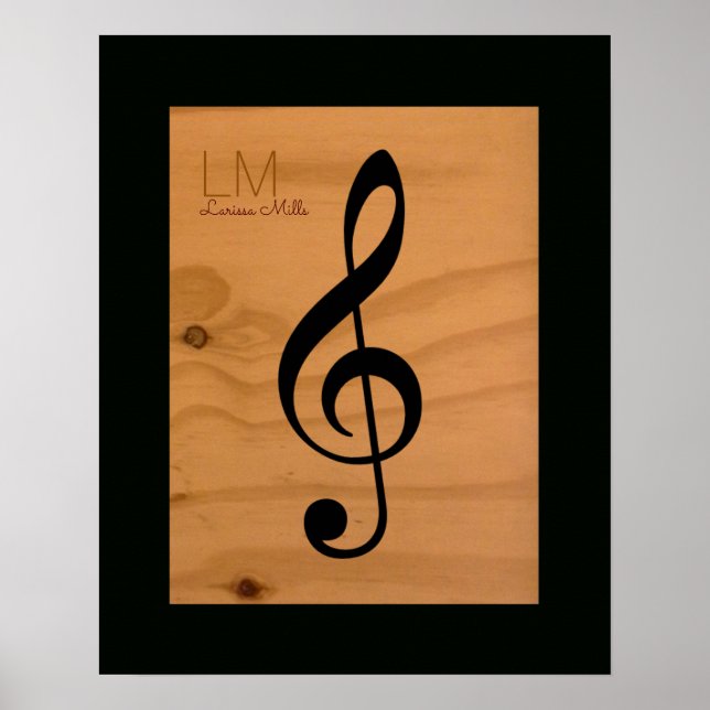 musiknot, treble clef on wood, anpassningsbar poster (Framsidan)