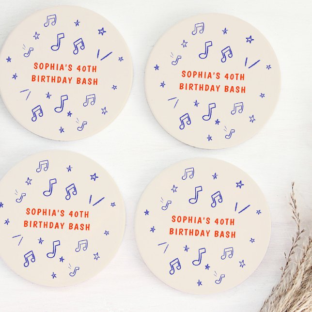 Musiknoter Handritade Illustrationer 40-årsdag Underlägg Papper Rund (Music Notes Hand-Drawn Illustrations 40th Birthday Round Paper Coaster)