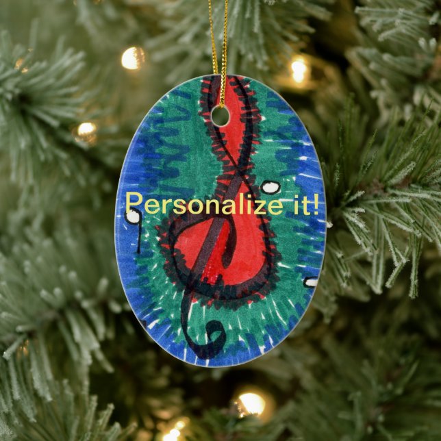 Musikpersonalens anteckning i rött, grönt och blåo julgransprydnad keramik (Träd)