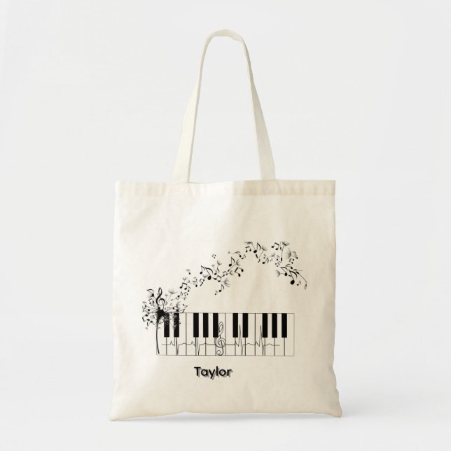 musikpiano blommigt namn tote bag tygkasse (Framsidan)