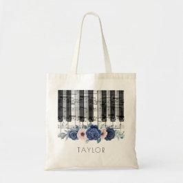 Musikpianoblått och rosa blommor tygkasse