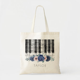 Musikpianoblått och rosa blommor tygkasse