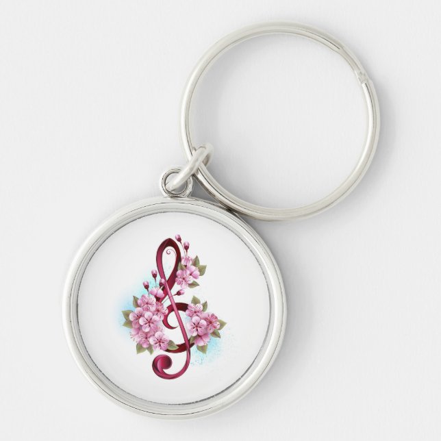 Musiksaxlar med saxblommor rund silverfärgad nyckelring (Framsidan)