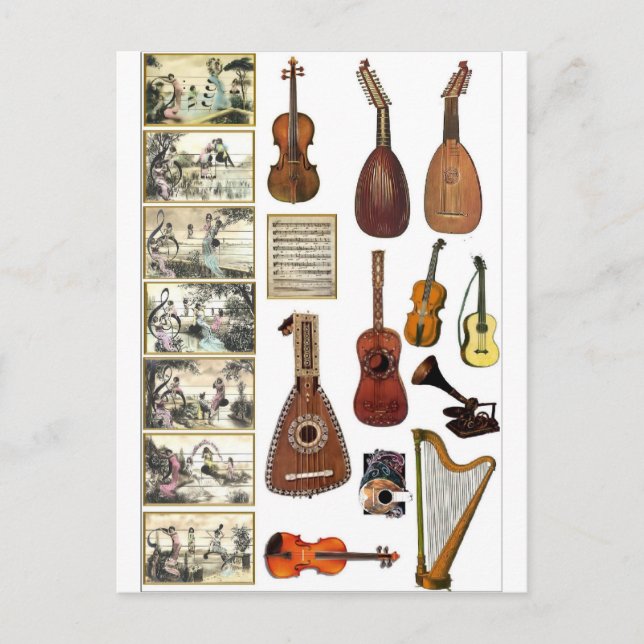 Musikscener och musikinstrument vykort (Framsida)