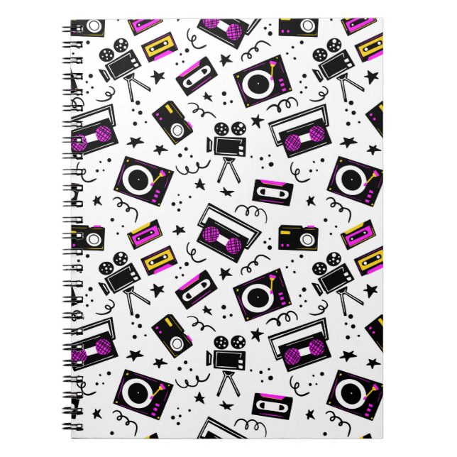 Musikspelare, bandspelare, videoband, filmkamera, anteckningsbok (Framsidan)