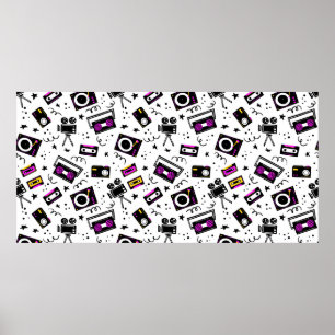 Musikspelare, bandspelare, videoband, filmkamera, poster