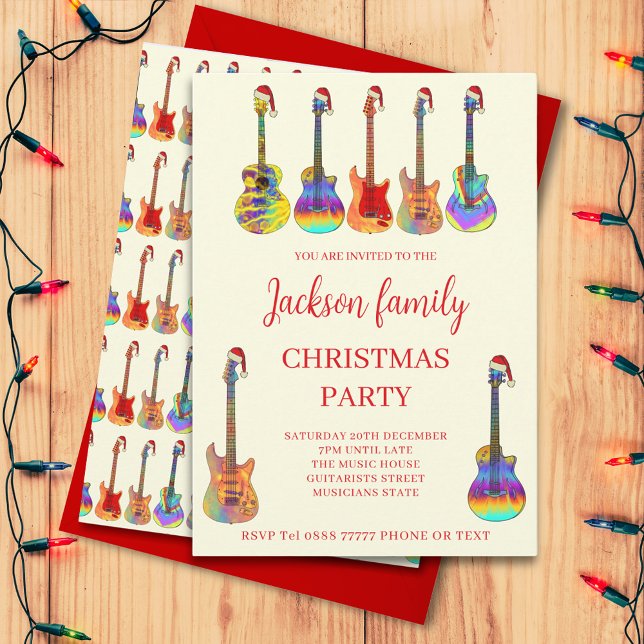 Musiktematisk julfestinbjudan för gitarrister inbjudningar (music themed family Christmas party invitation with cool colorful guitars wearing Santa hats)